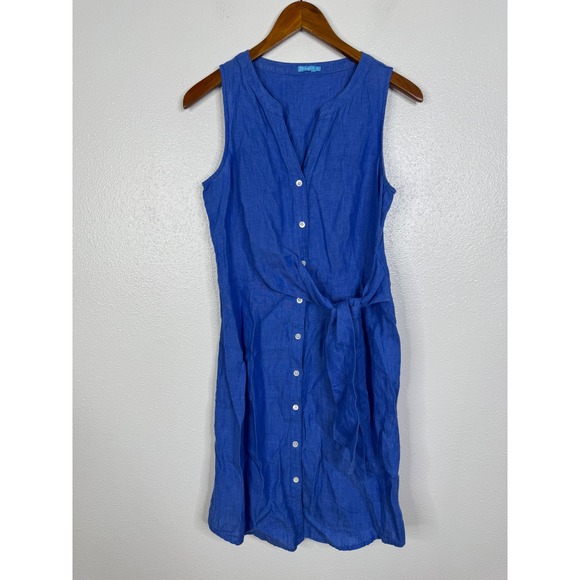 J.McLaughlin Dresses & Skirts - J.McLaughlin Blue Linen Sleeveless Button Front Tie Waist Shirt Dress Small